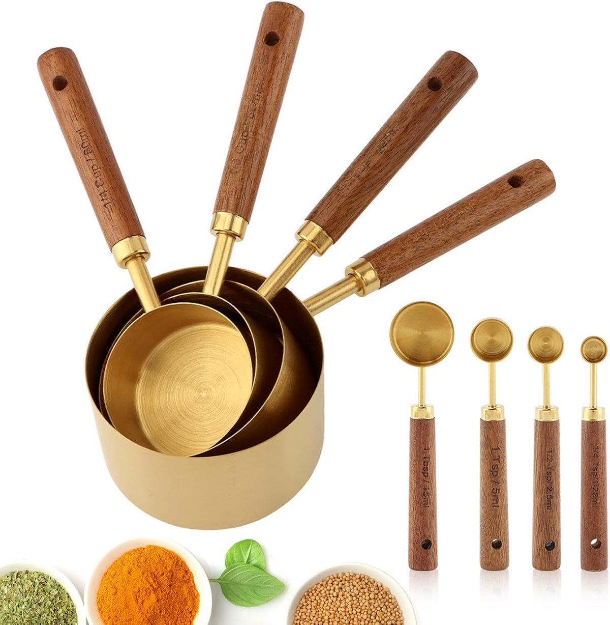 8Pcs Gold Measuring Cups and Spoons Set, Nesting Measuring Cups Wood Handle