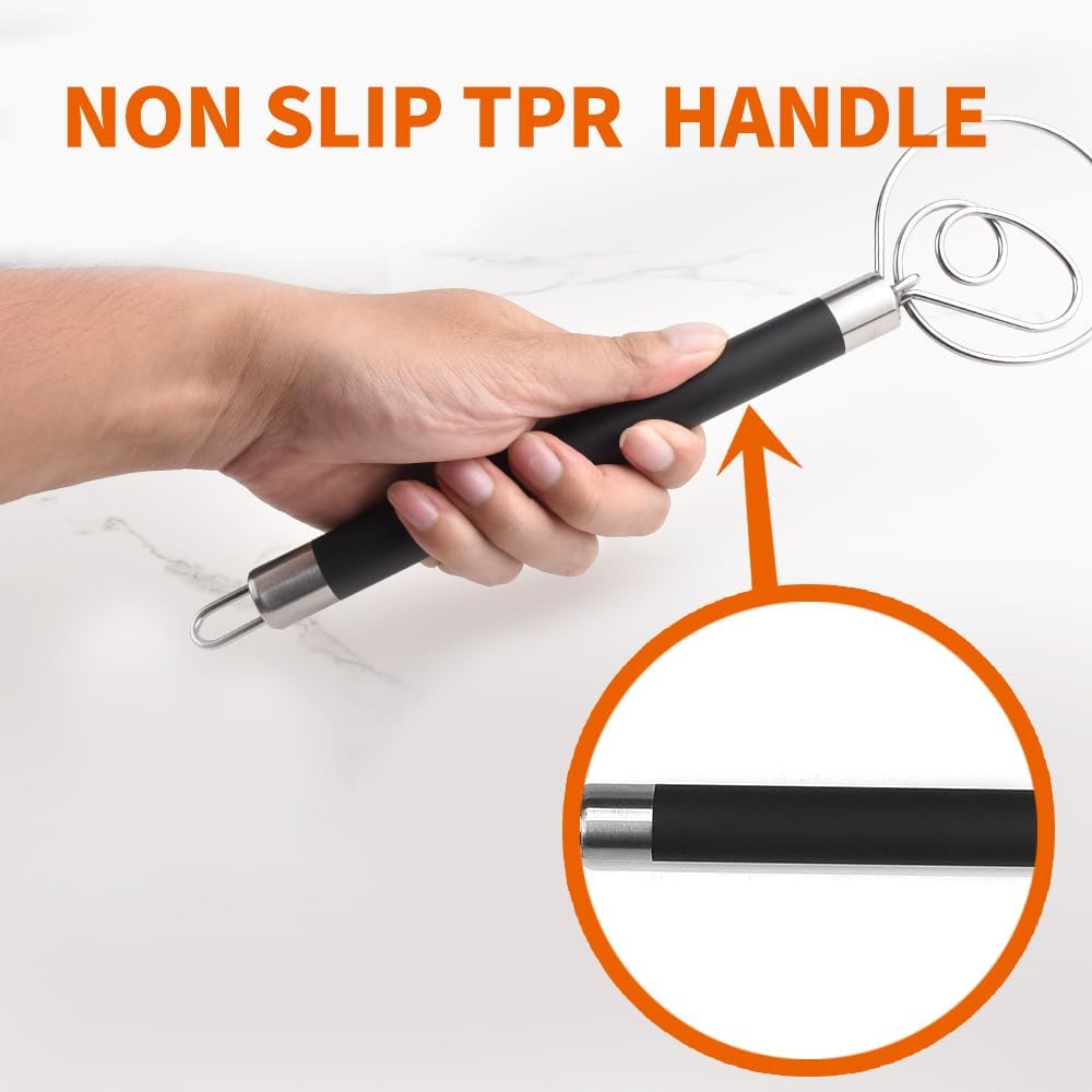 Stainless Steel Dough Whisk for Dutch Bread with Rubber Anti-slip Handle Manual Dough Mixer Pastry Blender Whisking Tools for Baking - 12 inch