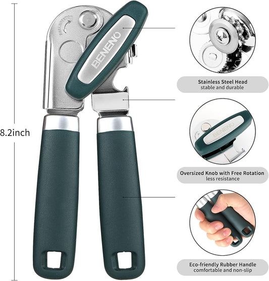 Heavy Duty Hand Can Opener Manual with Magnet Lid Remover, Green | Razor-Sharp Carbon Steel Blade, Precise Smooth Cutting Gear, Big Effort-Saving Knob, Soft Grip Handle, Built-in Bottle Opener