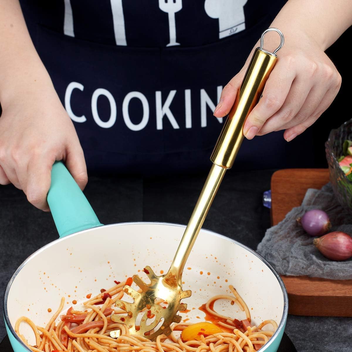 Pasta Fork, Stainless Steel Gold Pasta Server, Spaghetti Spoon, Golden Spaghetti Server With Titanium Plating, Noddle Fork, Heat Resistant (Gold)