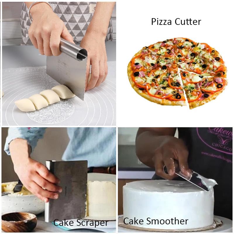 Multipurpose Pro Heavy Duty Stainless Steel Dough Pastry Scraper Cutter Chopper Pizza Cutter with Measuring Scale and Ergonomic Rubber Non-Slip Grip (Stainless Steel, 1 PCS)