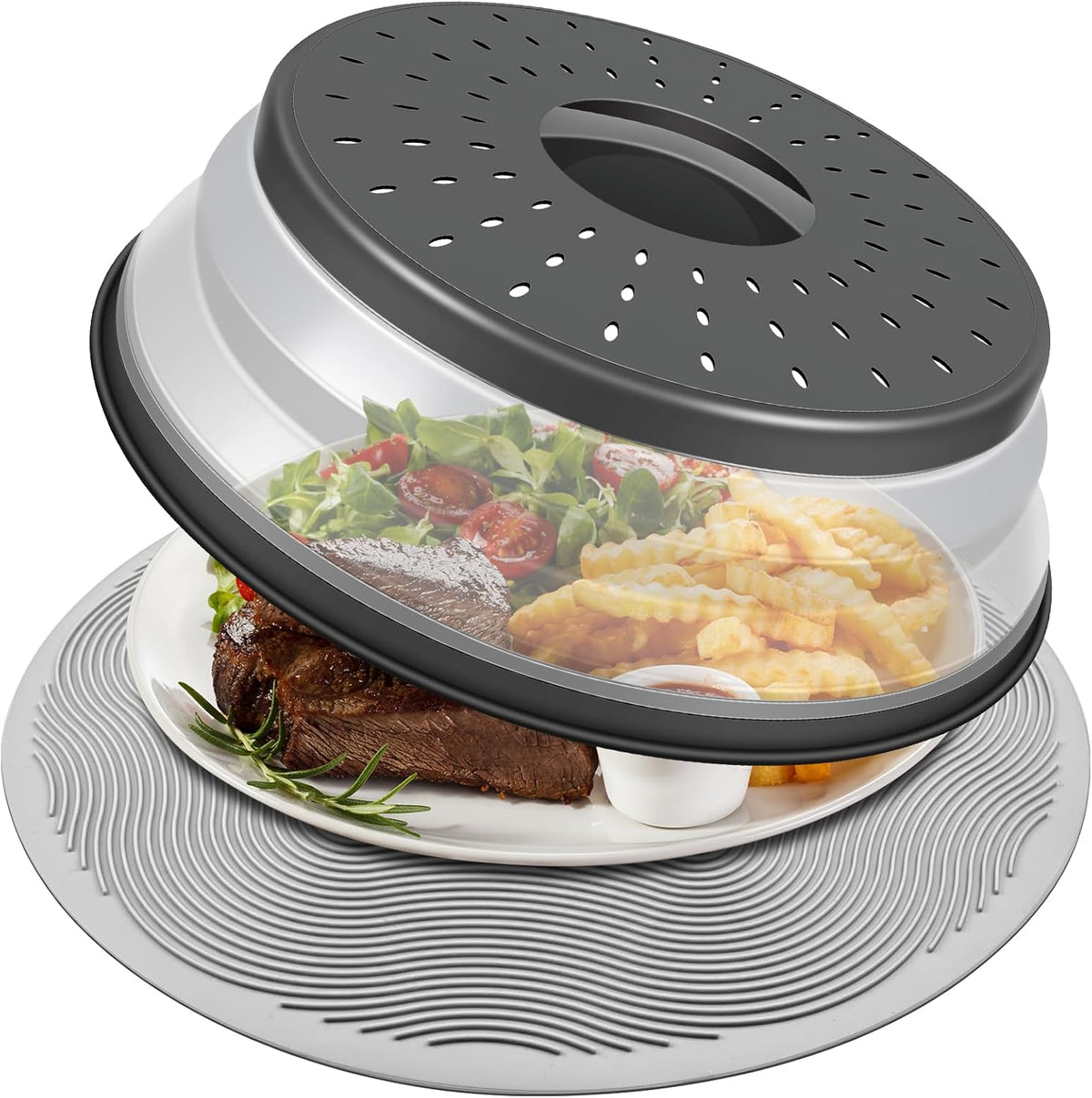 Pack 2, Microwave Food Cover with Mat 12 Inch, Mat as Bowl Holder, Cover for Splatter Guard, Collapsible Lid for Plate, Multi-Use Silicone Mat & Kitchen Colander Gadget for Meal Prep, Charcoal