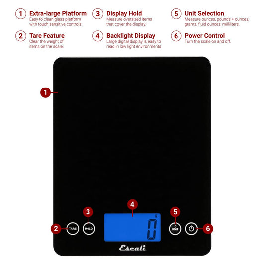 2210IB ArtiXL Extra-Large Glass Digital LCD Display Kitchen Scale, Measures Liquid and Dry Ingredients, Tare Function, 22lb Capacity, Black