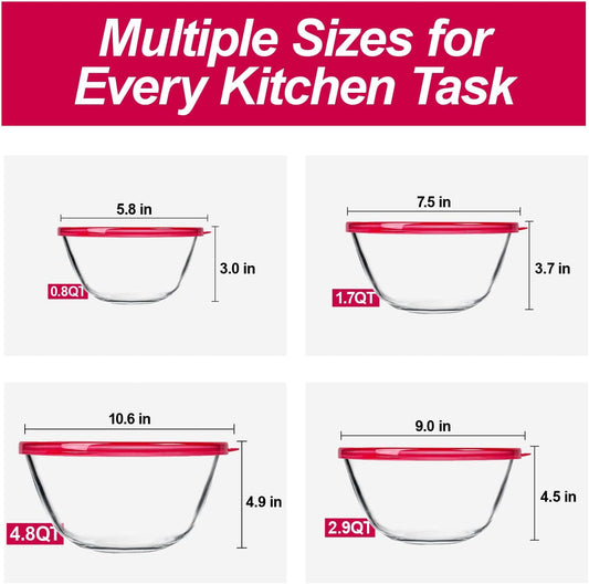 KOMUEE 4 Pack Glass Mixing Bowls Set with Lids (4.8QT, 2.9QT, 1.7QT, 0.8QT) | Glass Nesting Bowls for Kitchen Baking, Cooking and Serving, Oven, Dishwasher, Freezer, and Microwave Safe
