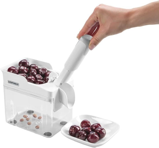 37211 Cherry Pitter – Stainless Steel Plunger Pits 25 Lbs/Hour, Ideal for Pies, Canning, Snacking, German Design, Easy-Clean Container, Dishwasher Safe – White