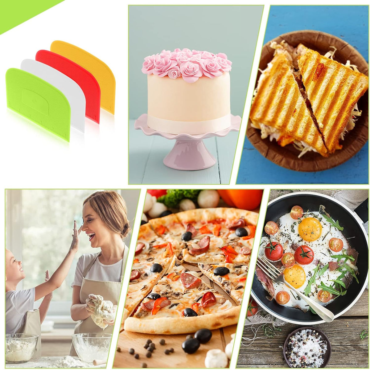 4 Piece Plastic Dough Scraper Bowl Scraper Flexible Multipurpose Food Spatula Plastic Daigh Cutter for Bread Cake Dough Fondant Icing (White, Green, Yellow, Red)