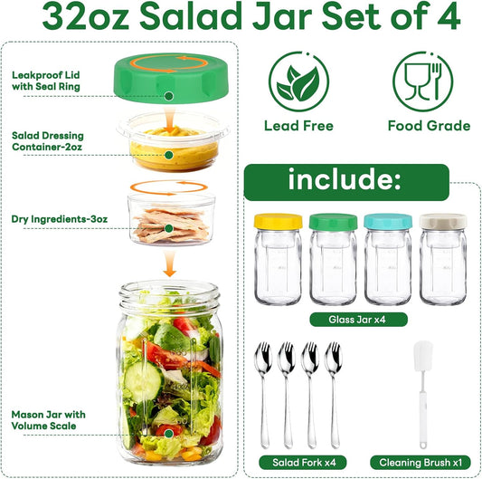 4 Pack Salad Jar, 32oz Salad Jars with Separate Wet/Dry Dressing Cup, Leakproof Salad Container for Lunch, Glass Food Storage for Home, Office and Outdoor
