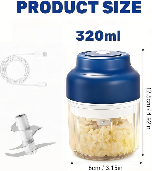2026 Upgrade Electric Garlic Chopper Mini, 320 ml Small Garlic Chopper Mincer with 6 Stainless Steel Blades, Portable Rechargeable Cordless Chopper for Onion,Chili,Ginger,Nuts,Meat & Fruits (Blue)