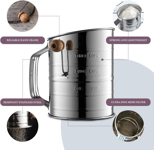 3 Cup Flour Sifter for Baking Fine Mesh Rotary Hand Crank with Loop Agitator for Quick Sifting, Flour Sifter Stainlees Steel