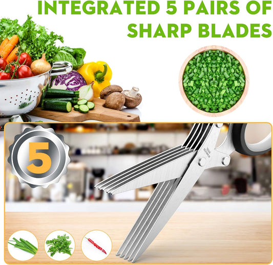 Herb Scissors with 5 Blades and Cover, Kitchen Herb Cutter with Cleaning Comb, Stainless Steel Multi Blade Herb Shears for Basil Parsley Cilantro, Easy Clean Cooking Tool, Unique Kitchen Gadgets Gift