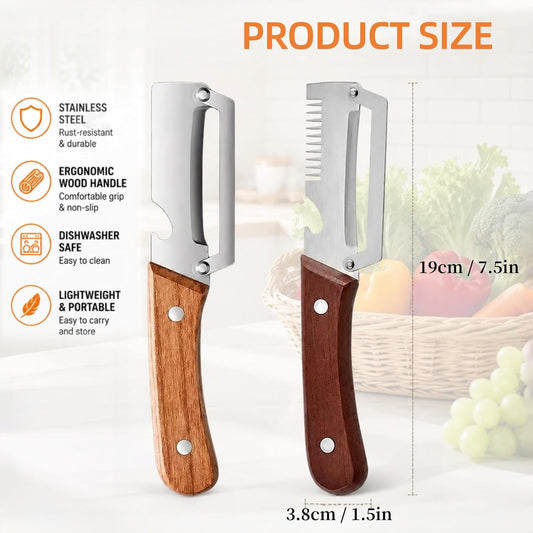 3-in-1 Vegetable Peeler with Scallion Shredder & Bottle Opener – Wide Stainless Steel Blade, Wooden Handle Julienne Cutter, Multi-Functional Kitchen Gadget for Home, Camping, Travel