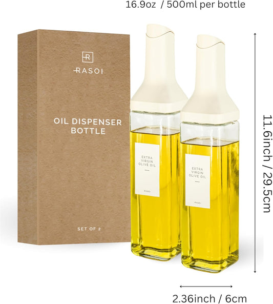 Oil Dispenser Bottle – Set of 2 17oz/500ml Oil and Vinegar Dispenser - Drip-Free Spout Glass Oil Dispenser – Kitchen Oil Dispenser with Automatic Pouring Lid - Olive Oil Bottle for Cooking