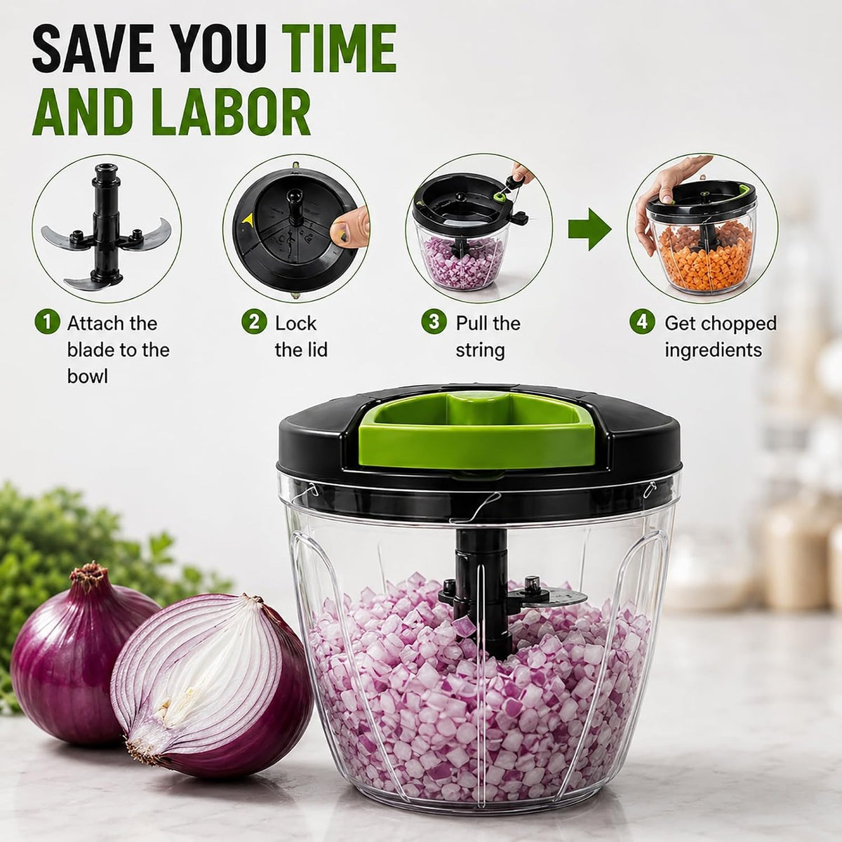 Manual Food Chopper, Hand Pull Vegetable Chopper with Stainless Steel Blades, Multi-Function Food Processor for Onion, Garlic, Meat & Fruits (600ml)