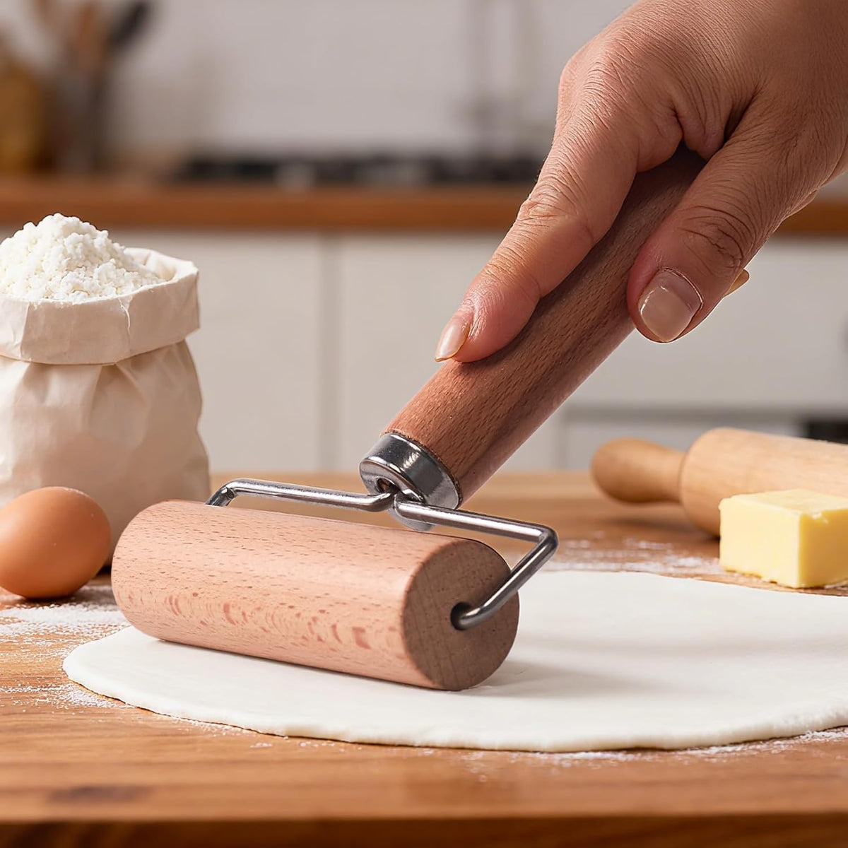 Wooden Dough Roller Small Single Wheel Handheld Rolling Pin for Pastry Pizza Baking Handmade Beechwood Kitchen Tool(5.91 x 2.76Inch)