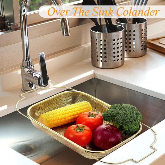 Gold Over the Sink Colander with Expandable Handles and 3 Pcs Gold Fine Mesh Strainer Large Stainless Steel Colander Strainer Basket for Kitchen Accessories (15-18.1 L x 10.6 W x 2.4 H)