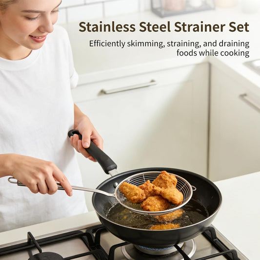 3 PCS Stainless Steel Spider Strainer Set, Long Handle Wire Skimmer Spoon and Fine Mesh Sieves, 304 Steel Kitchen Oil Frying Scoop, Noodle Pasta Strainer for Cooking, Hanging Loop