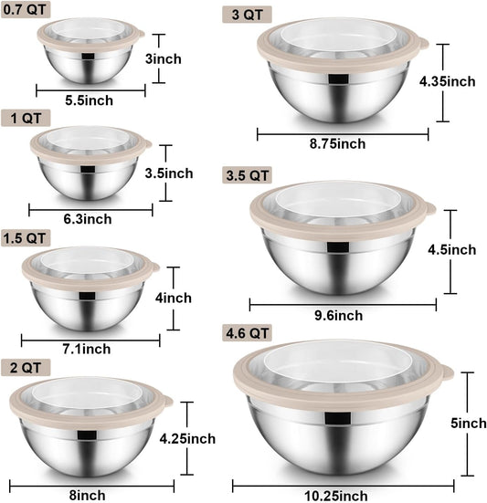 Stainless Steel Mixing Bowls with Airtight Clear Lids Set of 7, Metal Nesting Bowls for Kitchen Prep, Baking, Cooking, Serving, Salad, Dishwasher Safe, Size 4.6, 3.5, 3, 2, 1.5, 1, 0.7QT, Khaki
