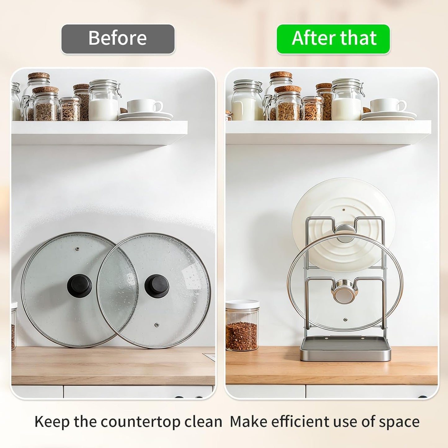 304 Stainless Steel Pot Lid Holder with Drip Tray, Countertop Organizer | Convenient While Cooking Removable Drip Tray Multifunctional Organizer Space-Saving Design Easy to Clean