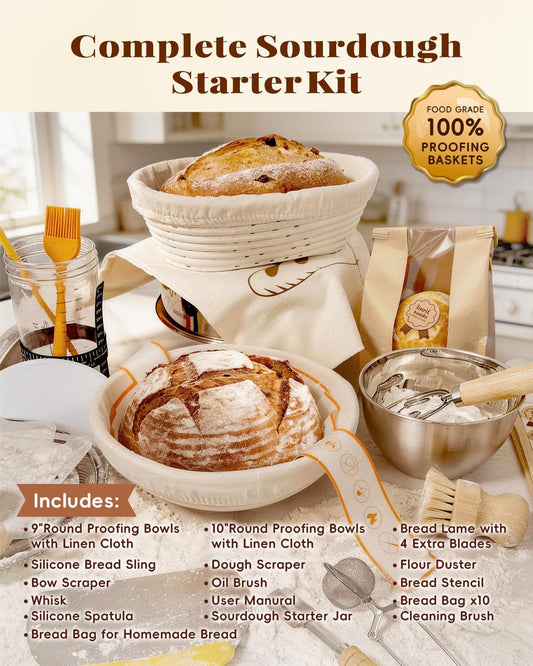 Complete Sourdough Starter Kit for Beginners | with Bag & Manual | Sourdough Bread Baking Supplies with Round & Oval Bread Proofing Basket, Bread Sling, Starter Jar, Dough Whisk, Scrapers