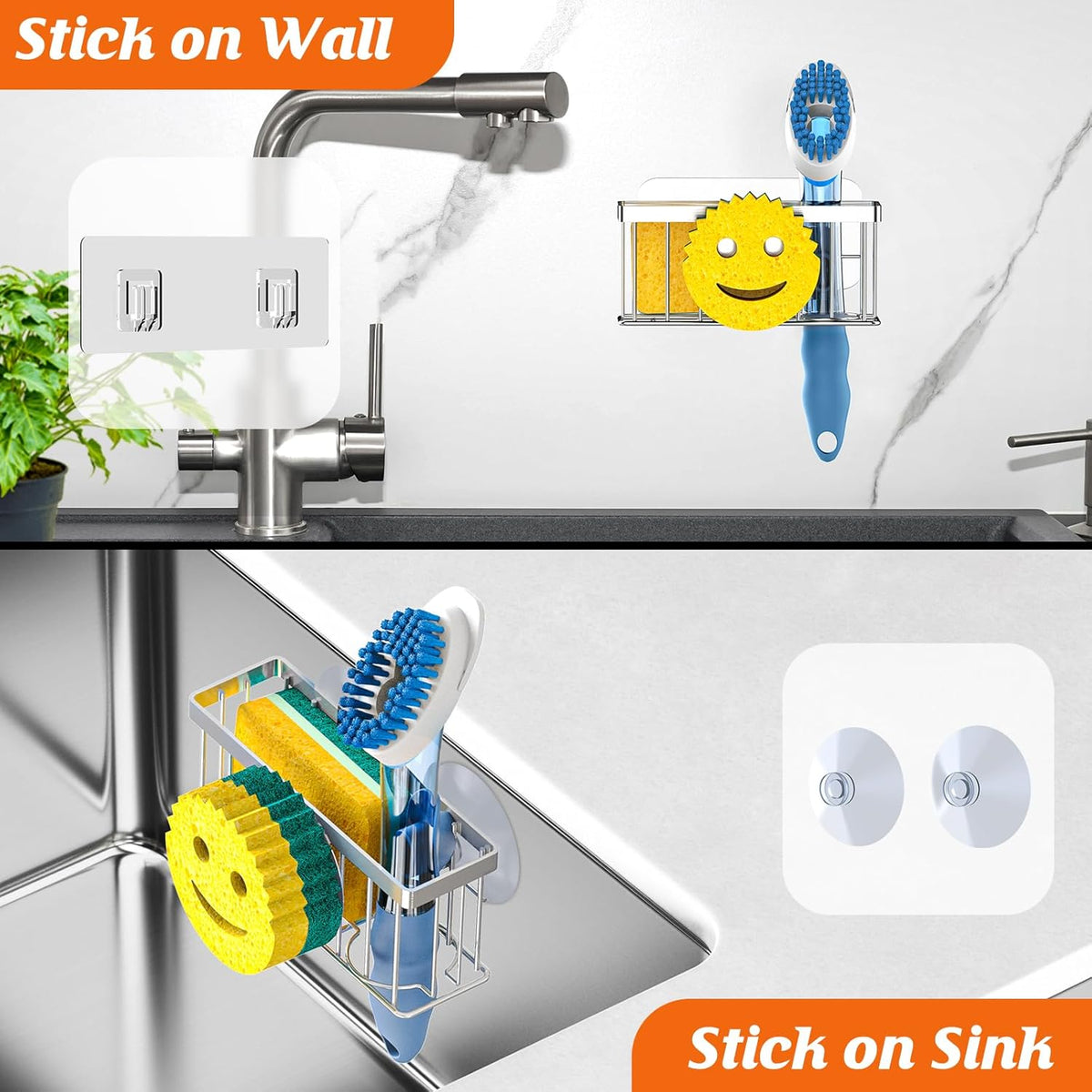 Sponge Holder Smiley Face, Sink Organizer with 2 Suction Cups/1 Adhesive Strips, Designed for Sponge, Soap, Dish Brush, Scrubber - Black