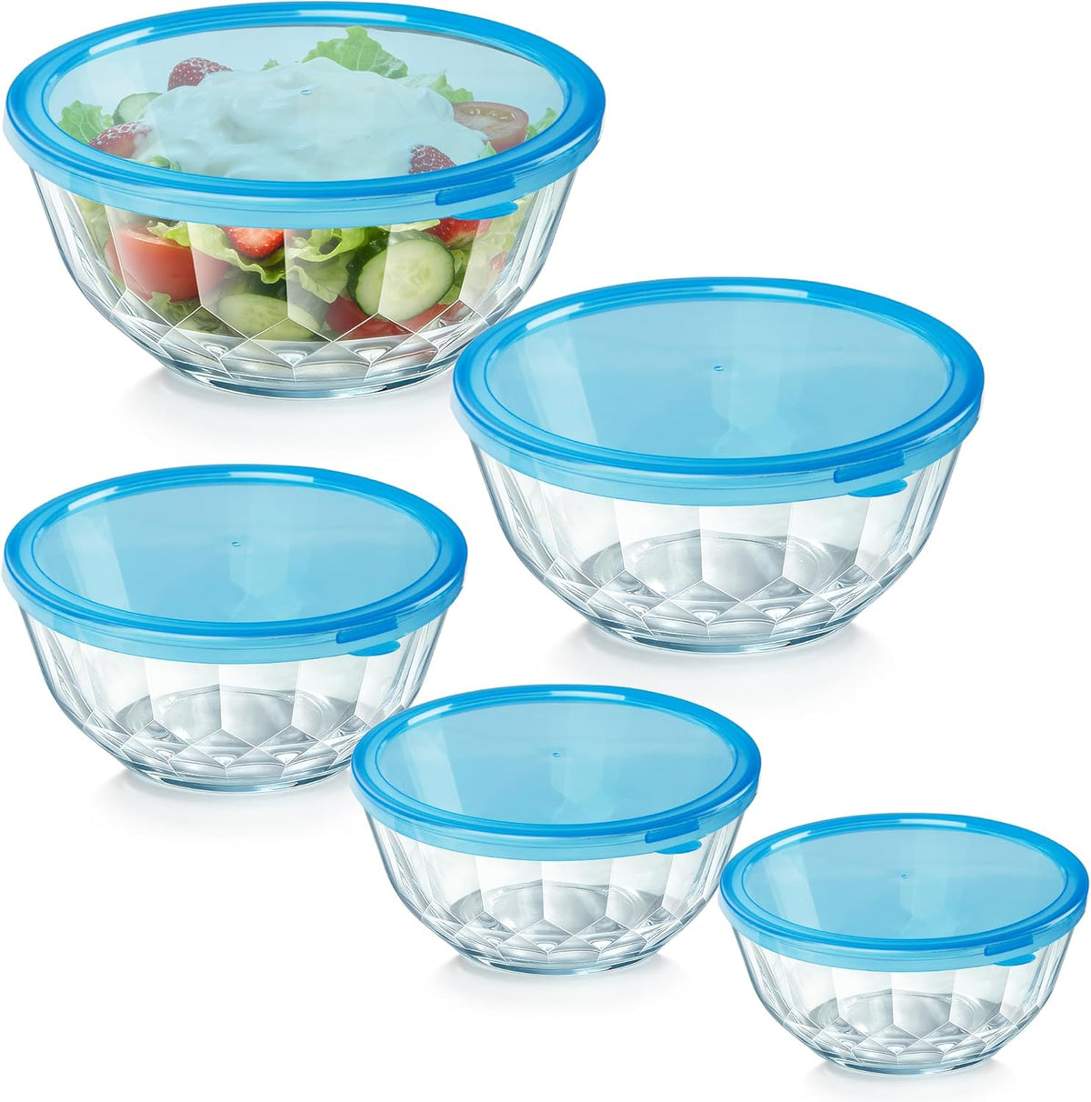 5‑Piece Glass Mixing Bowls Set with Airtight Lids, Gray