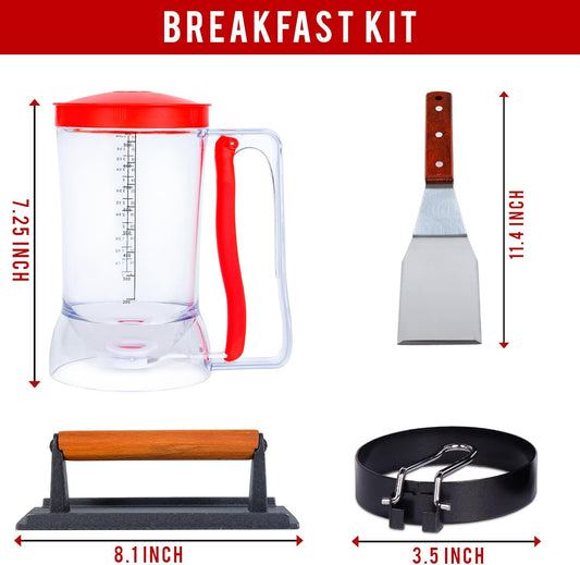 Griddle Breakfast Kit Compatible with Blackstone Griddle, Pancake Batter Dispenser, Bacon Press, 4 Egg Rings & Stainless Steel Spatula - Best for Indoor-Outdoor Cooking.