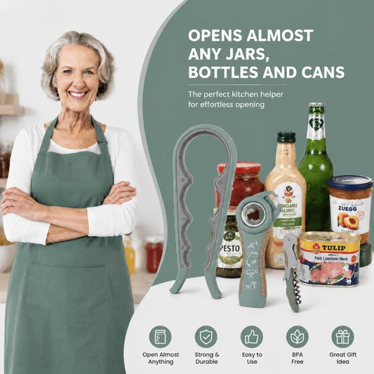 Opener | 5-in-1 Non-Slip Bottle Opener for Weak hands, Seniors with Arthritis and Anyone with Low Strength, featuring a leverage opener, a can opener, and a wine bottle opener