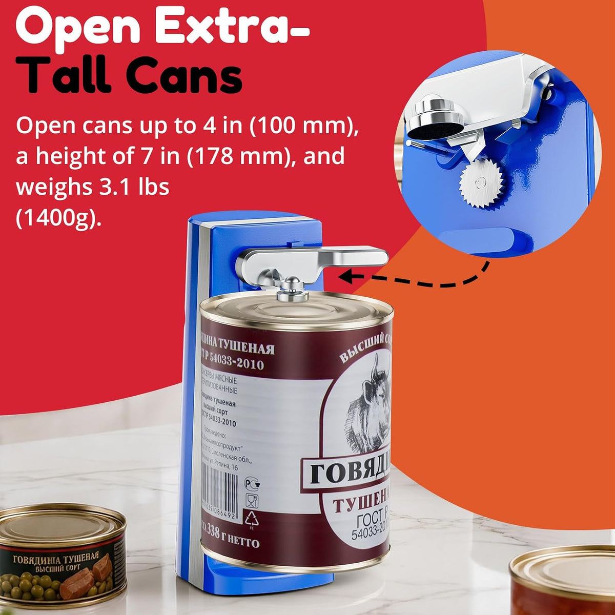 Electric Can Opener - One-Touch Hands-Free Operation,Removable Stainless Steel Cutter, 3-in-1 Design with Knife Sharpener&Bottle Opener(Blue)