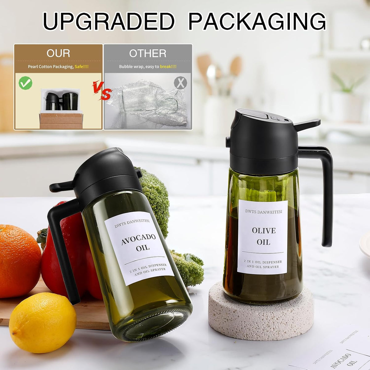 Oil Sprayer for Cooking 2pcs,2 in 1 Oil Dispenser and Oils Sprayer Kitchen Gadgets-16oz Glass Oils Spray Bottle,Mist Olive OilDispenser,Air Fryer,Salad,Grill (White Kitchen Accessories)