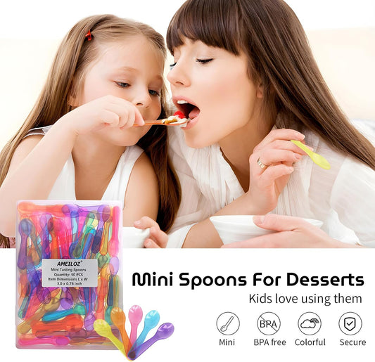 AMEILOZ 3" Mini Tasting Spoons Colored Disposables Small Taster Spoon, Tiny Dessert Spoon Assorted Ice Cream Spoons Multi-Color (1 Pack of 50 PCS)