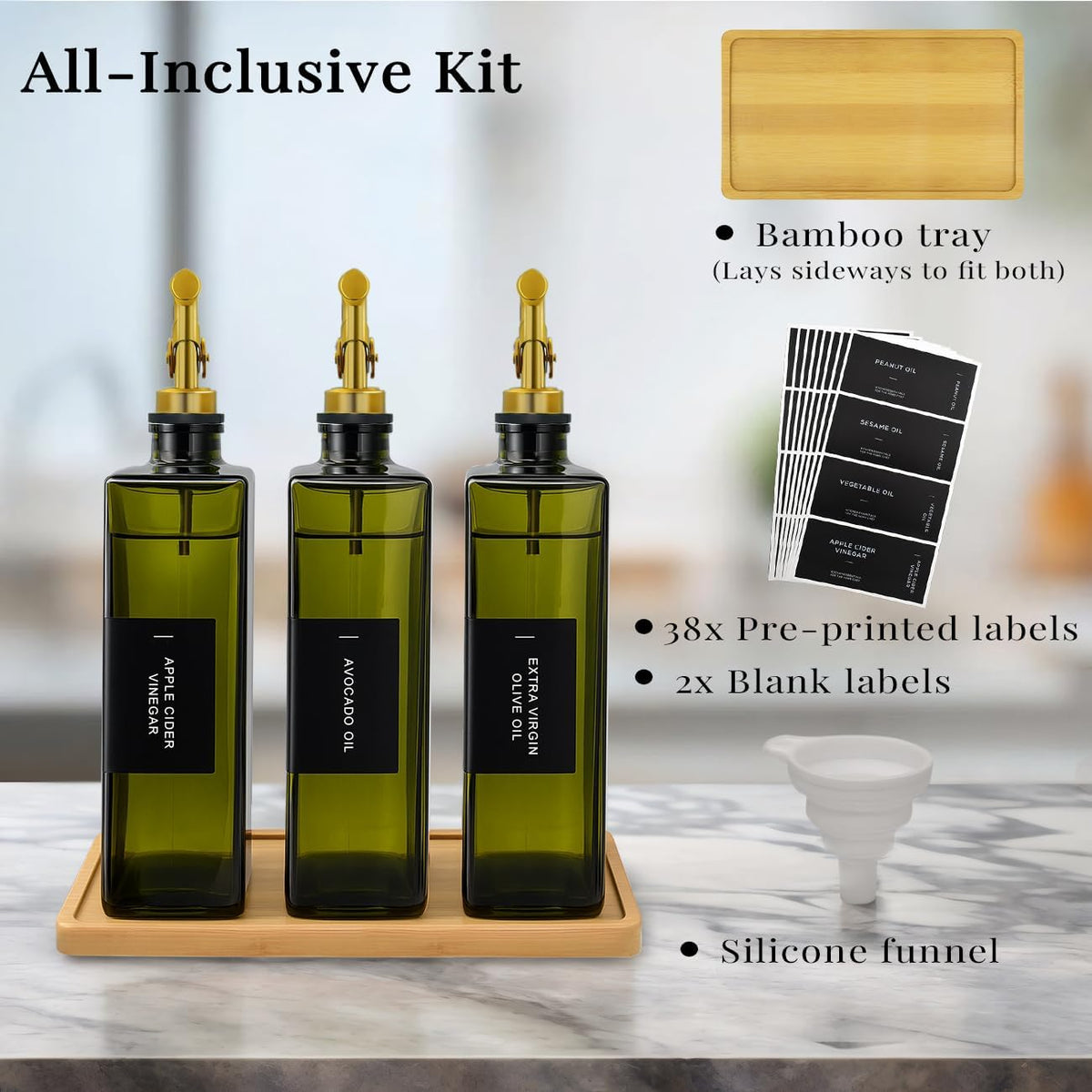Olive Oil Dispenser Bottle for Kitchen with Bamboo Tray- 16.9oz Glass Oil and Vinegar Dispenser Set, Soy Sauce & Syrup Bottle, Modern Hostess Gift (Green, Set of 2)