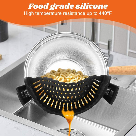 Clip on Strainer with Scraper,Silicone Strainer for Pots and Pans Adjustable Pasta Colander for Meat Vegetables Fruit Universal Fit For All Utensils(COLOR:black)