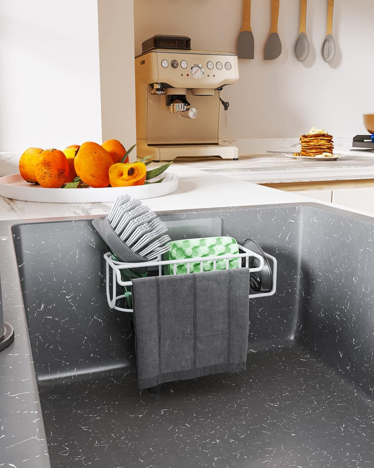4 in 1 Sink Caddy Sponge Holder, SUS304 Stainless Steel Kitchen Brush Holder and Dish Cloth Hanger, Kitchen Organizers and Storage Essentials - Silver