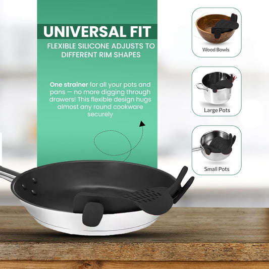 Pasta Strainer Clip-On for Pots and Pans – Heat Resistant Colander for Vegetables and Noodles – Space-Saving Design – BPA-Free, Dishwasher Safe, Universal Fit (Black)