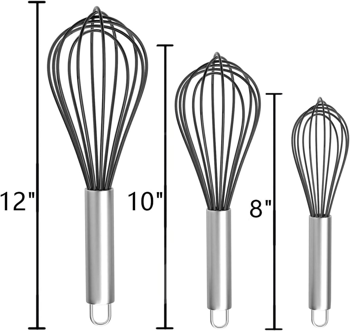 Whisks for Cooking, 3 Pack Stainless Steel Whisk for Blending, Whisking, Beating and Stirring, Enhanced Version Balloon Wire Whisk Set, 8"+10"+12"