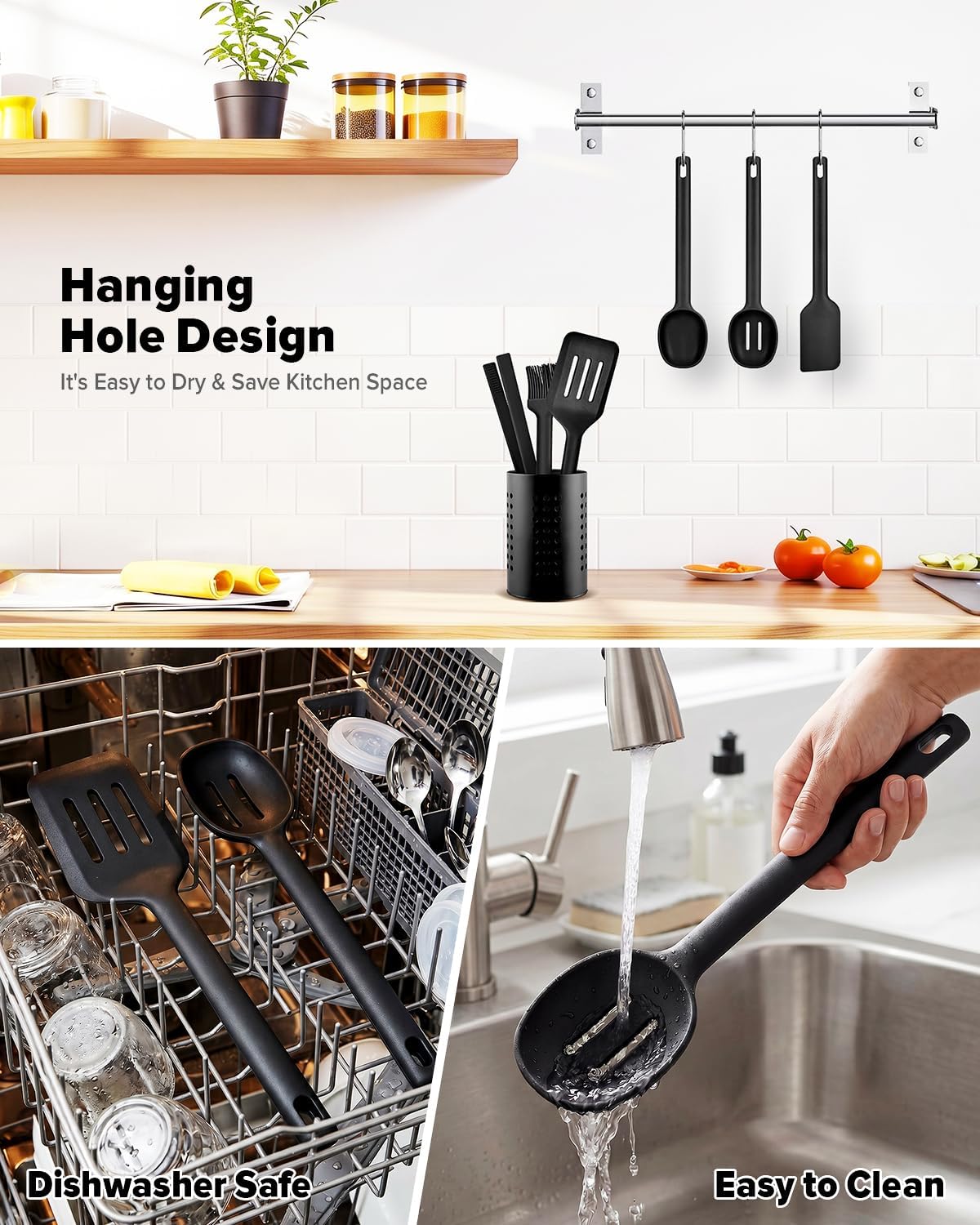 Silicone Kitchen Utensils Set, Heat Resistant Cooking Utensil with Spoon, Scraper, Spatula, Basting Brush & Tongs, BPA-free Non-stick Cookware for Frying, Basting, Serving, Grilling (6 Pack) (GREY)