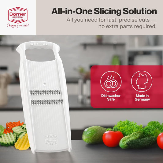 Bรถrner PowerLine Thin Julienne Vegetable Slicer โ Precision Mandoline Slicer for Potatoes, Zucchini, & Hard Fruits - Perfect for Vegetable Salad โ Essential Kitchen Gadgets - White