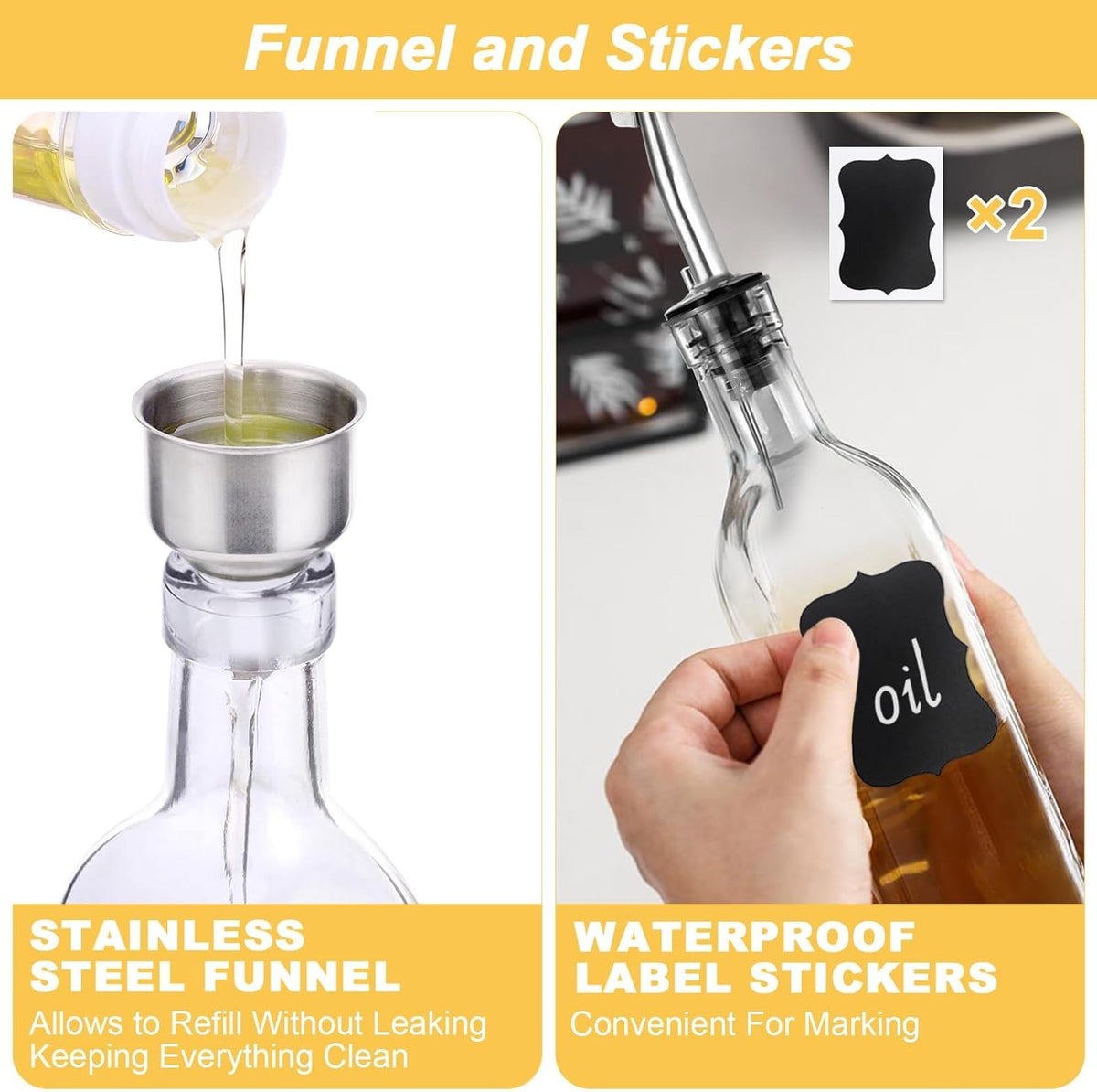Olive Oil Dispenser Bottle, 2 Pcs Glass Oil Bottle for Kitchen, Oil and Vinegar Dispenser Set with 2 Stainless Steel Pourers, 4 Labels,1 Brush and 1 Funnel