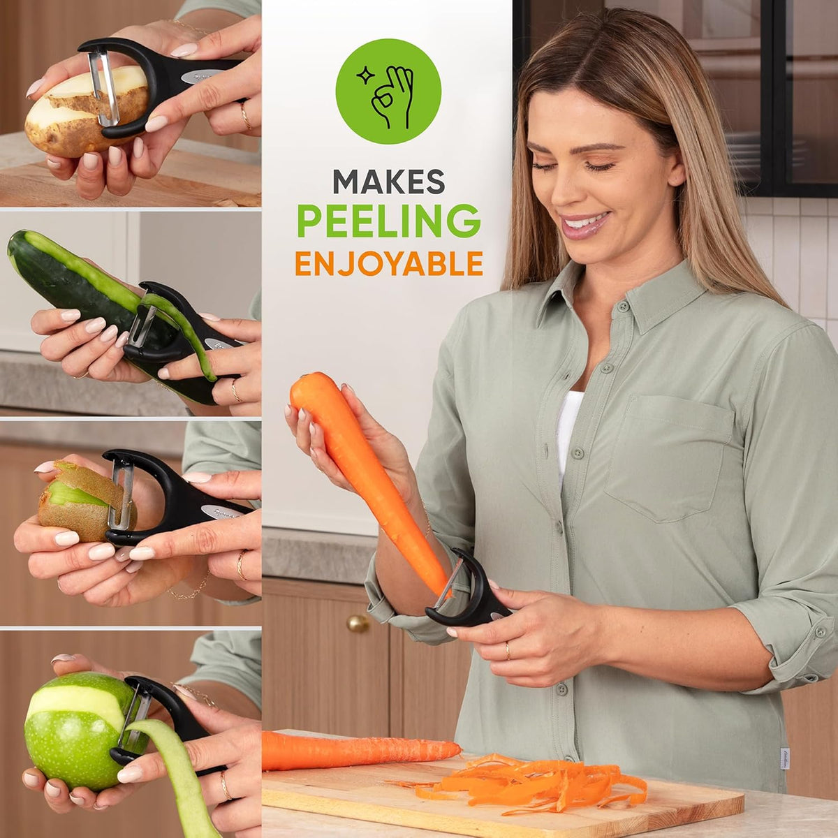 Premium Y & Vegetable Julienne Peeler Set for Kitchen with Stainless Steel Sharp Blades - Carrot Peelers with Comfortable Handles - Perfect for Zucchini, Cucumber, Papaya, Potato - Black