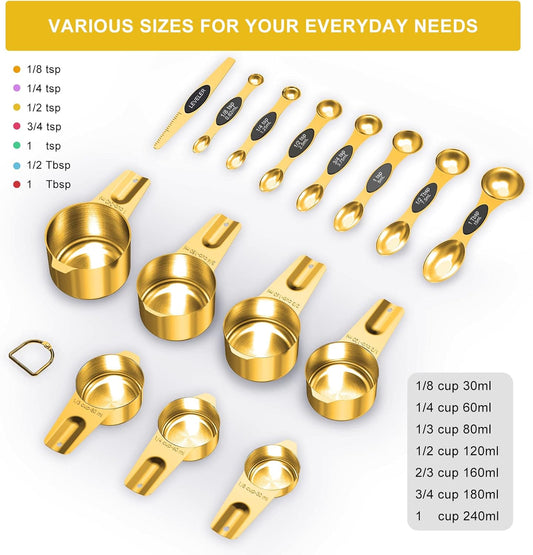 Gold Measuring Cups and Spoons Set of 15, 18/8 Stainless Steel, Includes 7 Nesting Metal Measuring Cups,8 Magnetic Measuring Spoons set - Ideal Kitchen Gadgets for Cooking and Baking Needs