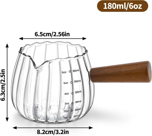 Espresso Cups 6 Oz, Espresso Measuring Cup with Wood Handle, Milk Frothing Cup, Glass Measuring Cup for Coffee, Milk, Tea or Maple Syrup Serving