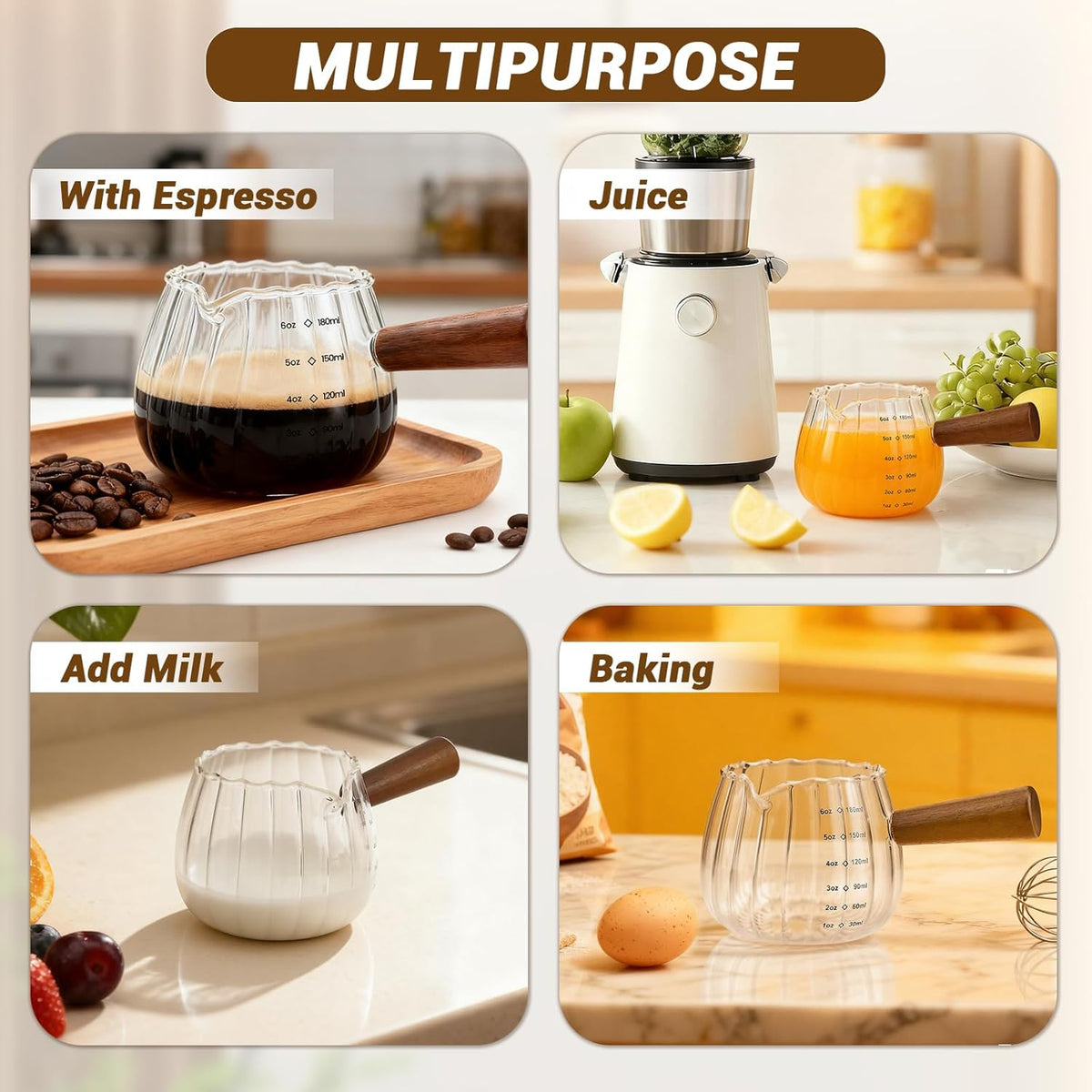 Espresso Cups 6 Oz, Espresso Measuring Cup with Wood Handle, Milk Frothing Cup, Glass Measuring Cup for Coffee, Milk, Tea or Maple Syrup Serving
