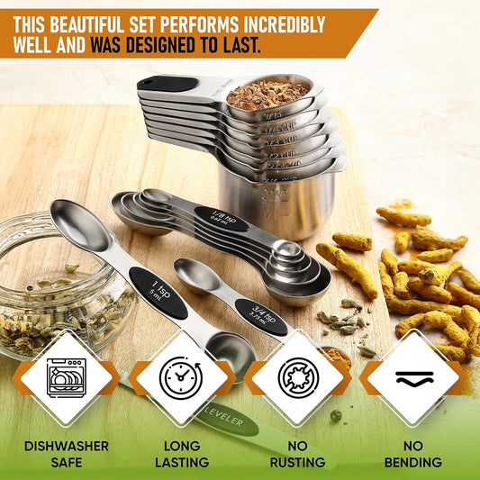 Magnetic Measuring Cups & Spoons Set of 15, Patented, Black | Stackable Stainless Steel Measuring Cups & Heavy Duty Metal Measuring Spoons with Levelers for Dry & Liquid Ingredients