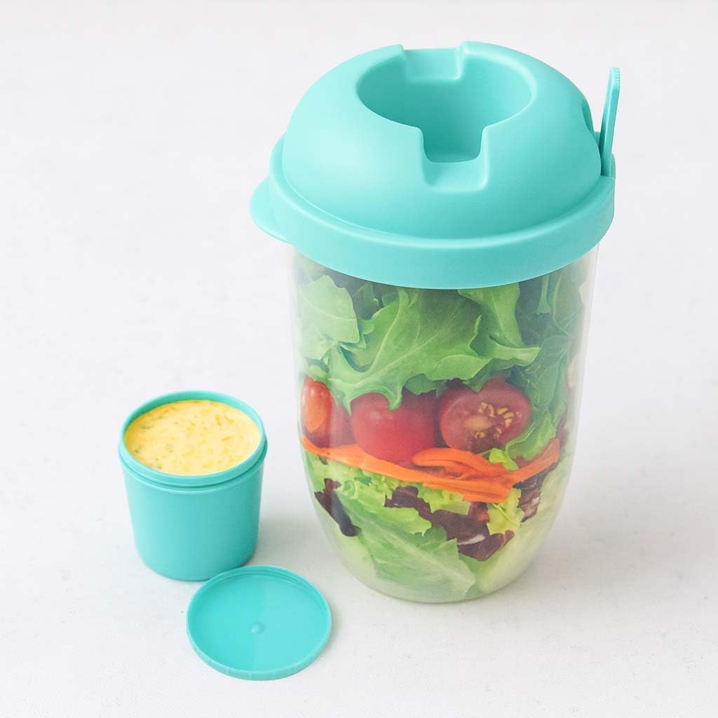 Salad Shaker Cup Container for Lunch – Portable Fresh Salad Cup Keep Fit Food Dressing Bottle Container, Breakfast Vegetable Fruits Jar Holder to Go Meal for Lunch, Green Pods with Lid and Fork