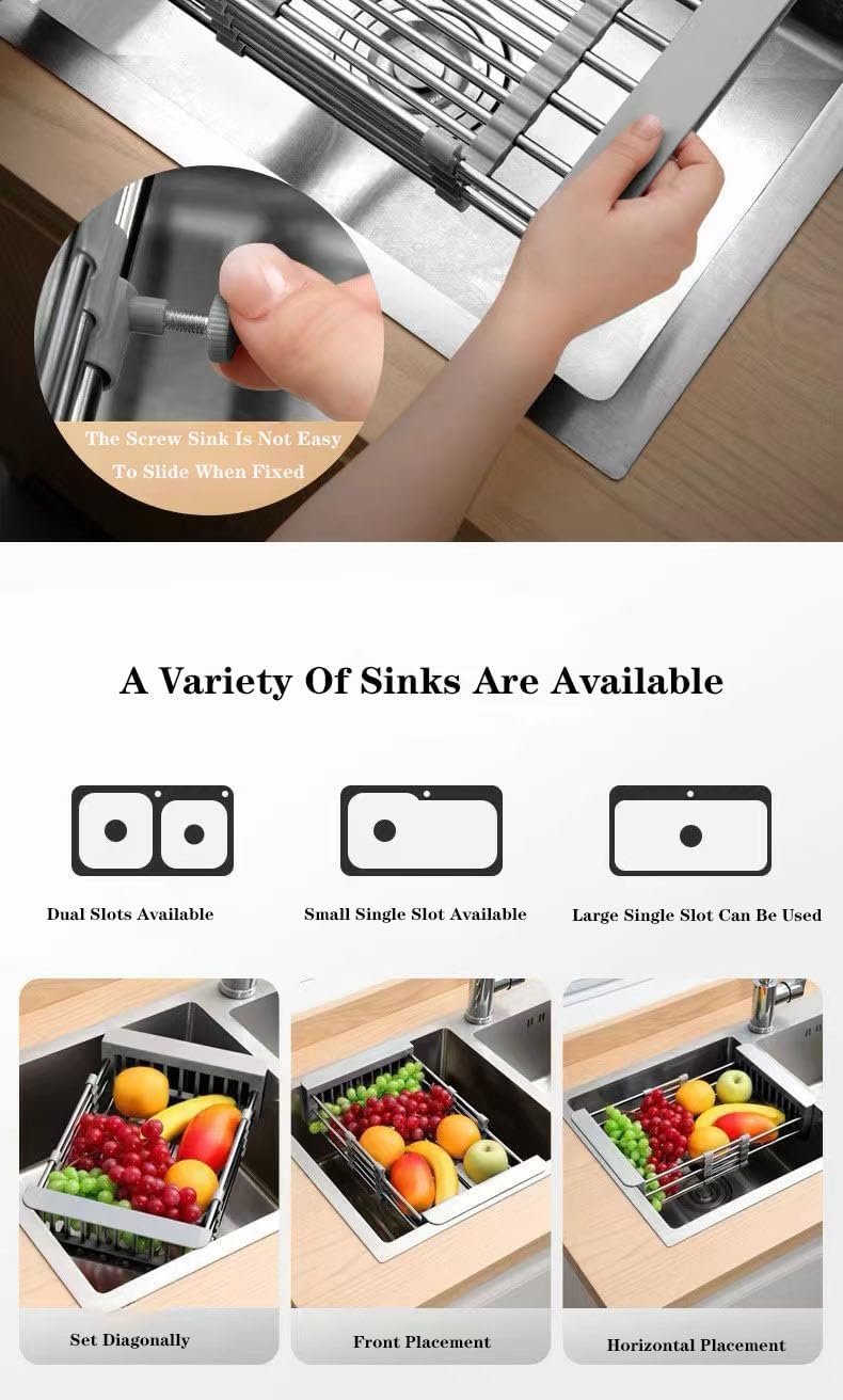 Dish Drying Rack, Kitchen Sink Colander, Expandable Colander, Stainless Steel Sink Strainer with Adjustable Boom, Suitable for Vegetables and Fruits