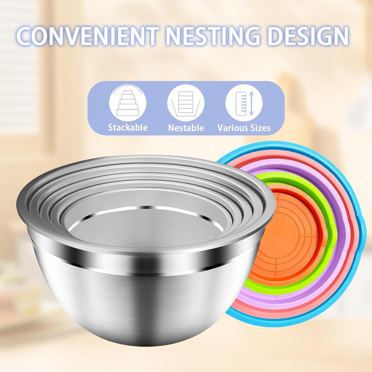 Mixing Bowls with Airtight Lids Set, 5 PCS Stainless Steel Khaki