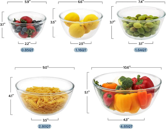 5pc Glass Mixing Bowls with Lids Set (4.65QT, 2.80QT, 1.64QT, 1.16QT, 0.85QT), Nesting Salad Bowl, Large Glass Mixing Bowl for Cooking, Baking, Prepping-Dishwasher Microwave Freezer Safe