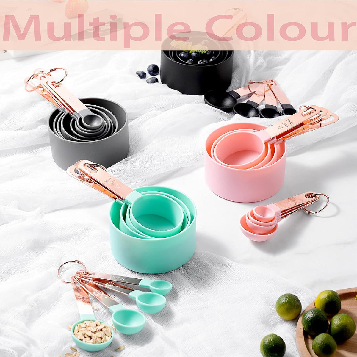 Rose Gold Stainless Steel Handle Measuring Cups and Spoons Set, 8 Piece Stackable Accurate Tablespoon for Measuring Dry and Liquid Ingredients Small Teaspoon with Plastic Head (Pink)