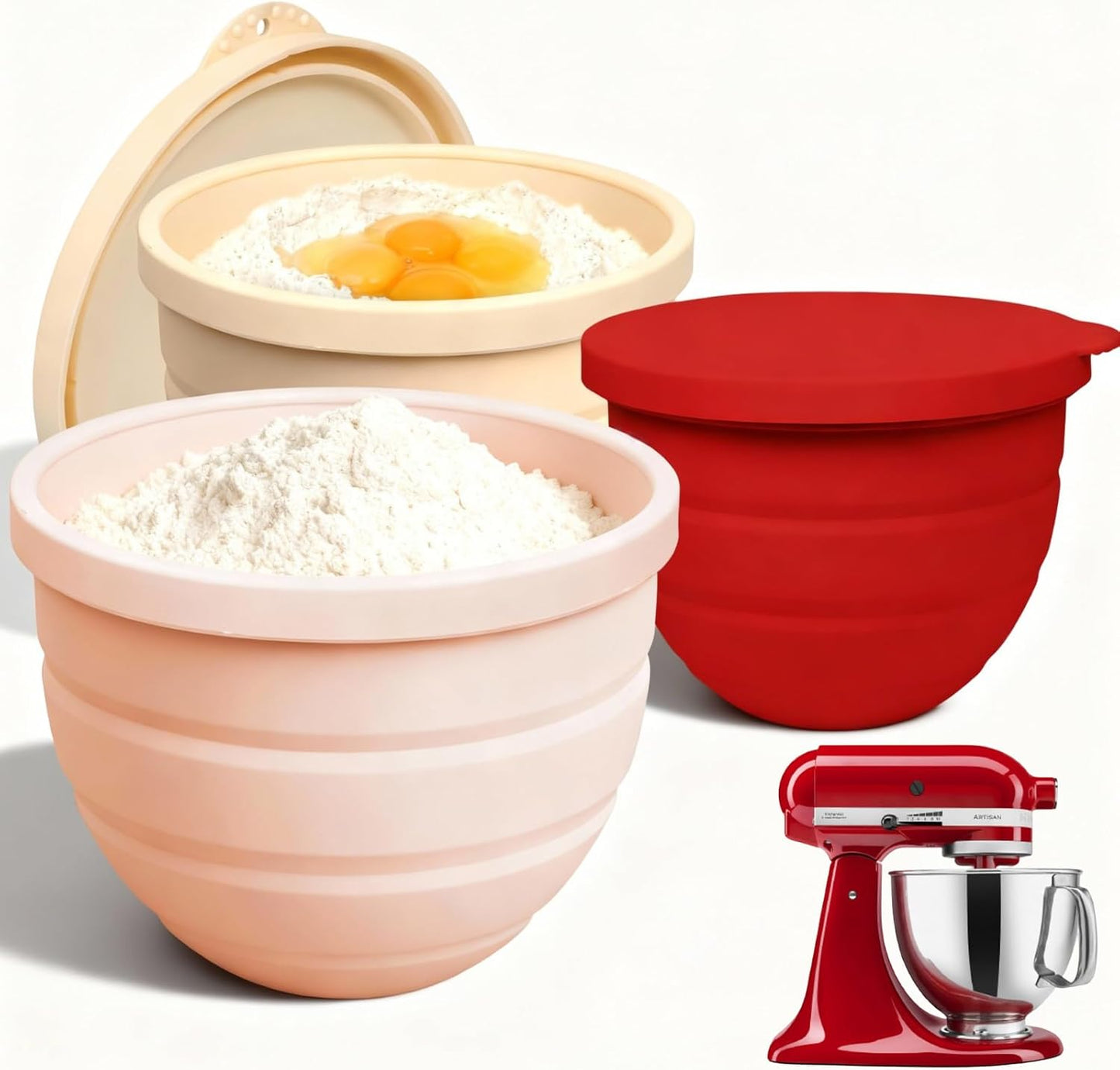 Silicone Bowl Insert for Kitchen Aid 5 Qt Tilt-Head - Patented Design Bowl Liner, 2pack with Lids, Resistant to collapse Thicker Bowl Insert, Foldable, Heat/Cold Resistant (Beige*Pink)