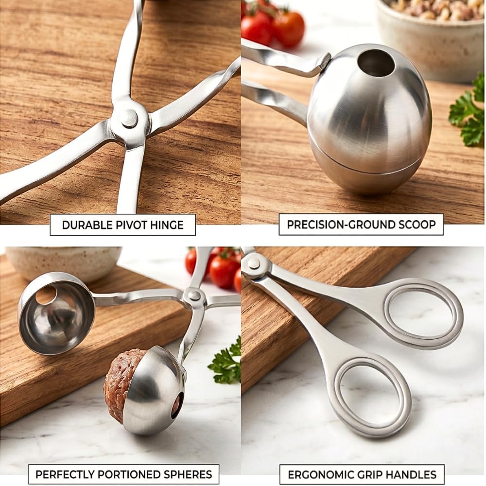 2 Pack Stainless Steel Meatball Shaper Tongs, Food Portion Scoop Set for Ground Meat, Dessert, Frozen Treats, Fruit Balls, Kitchen Utensil, Sizes 1.38" & 1.78"
